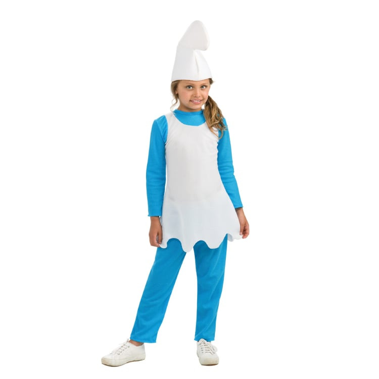 Kids Smurfs Smurfette Costume - White Blue Shirt Pants Hat Set Smurfette Cosplay