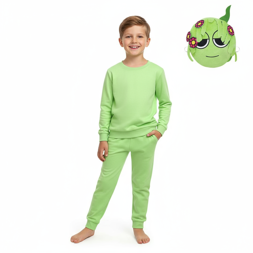 Kids Sprunki Incredibox Vineria Costume - Sweater Pants Mask Set Green Vineria Sprunki Cosplay