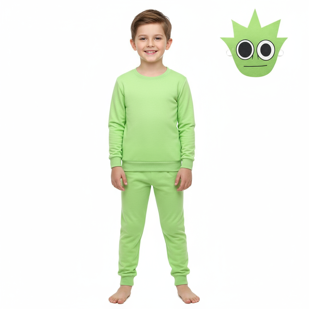 Kids Sprunki Incredibox Lime OWAKCX Costume - Sweater Pants Mask Set Lime Sprunki Cosplay
