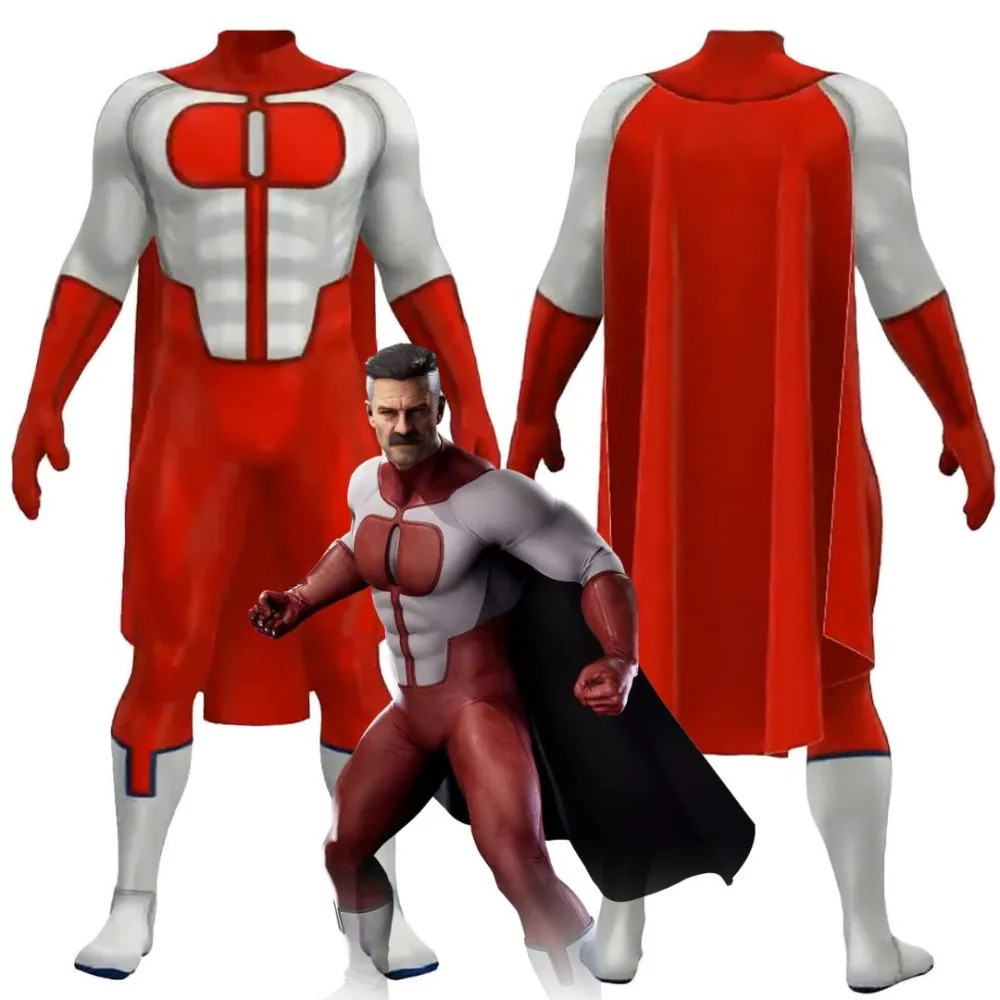 Invincible Omni-Man Nolan Costume - Red White Bodysuit Mask Cape Set Omni Man Cosplay