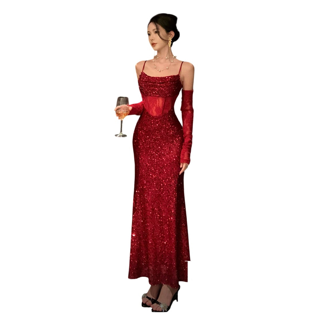 Taylor Swift The Life of a Showgirl Outfit Costume - Long Shiny Red Dress Taylor Swift Cosplay