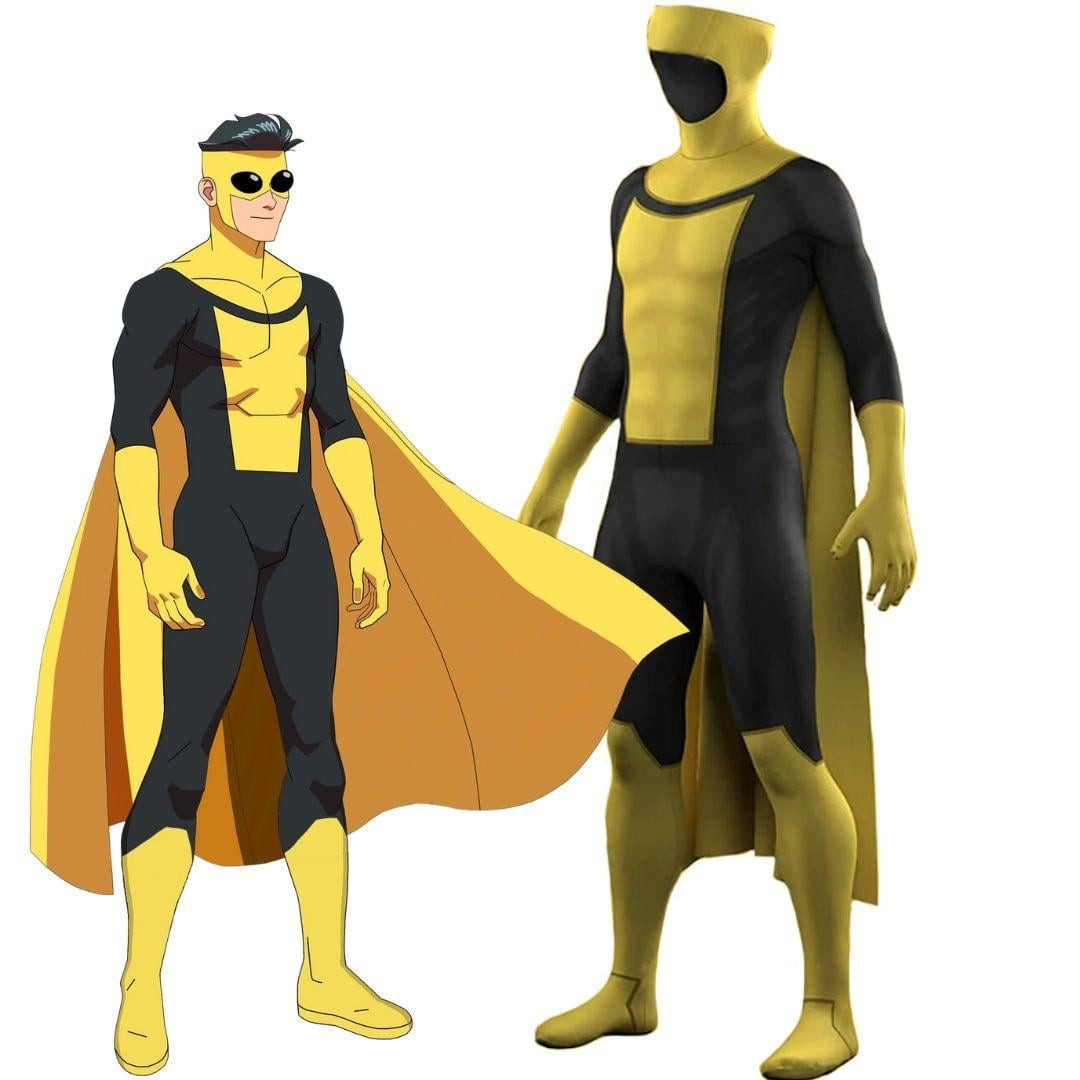 Invincible Capevincible Original Suit Costume - Yellow And Black Bodysuit Headcover Cape Set Capevincible Cosplay