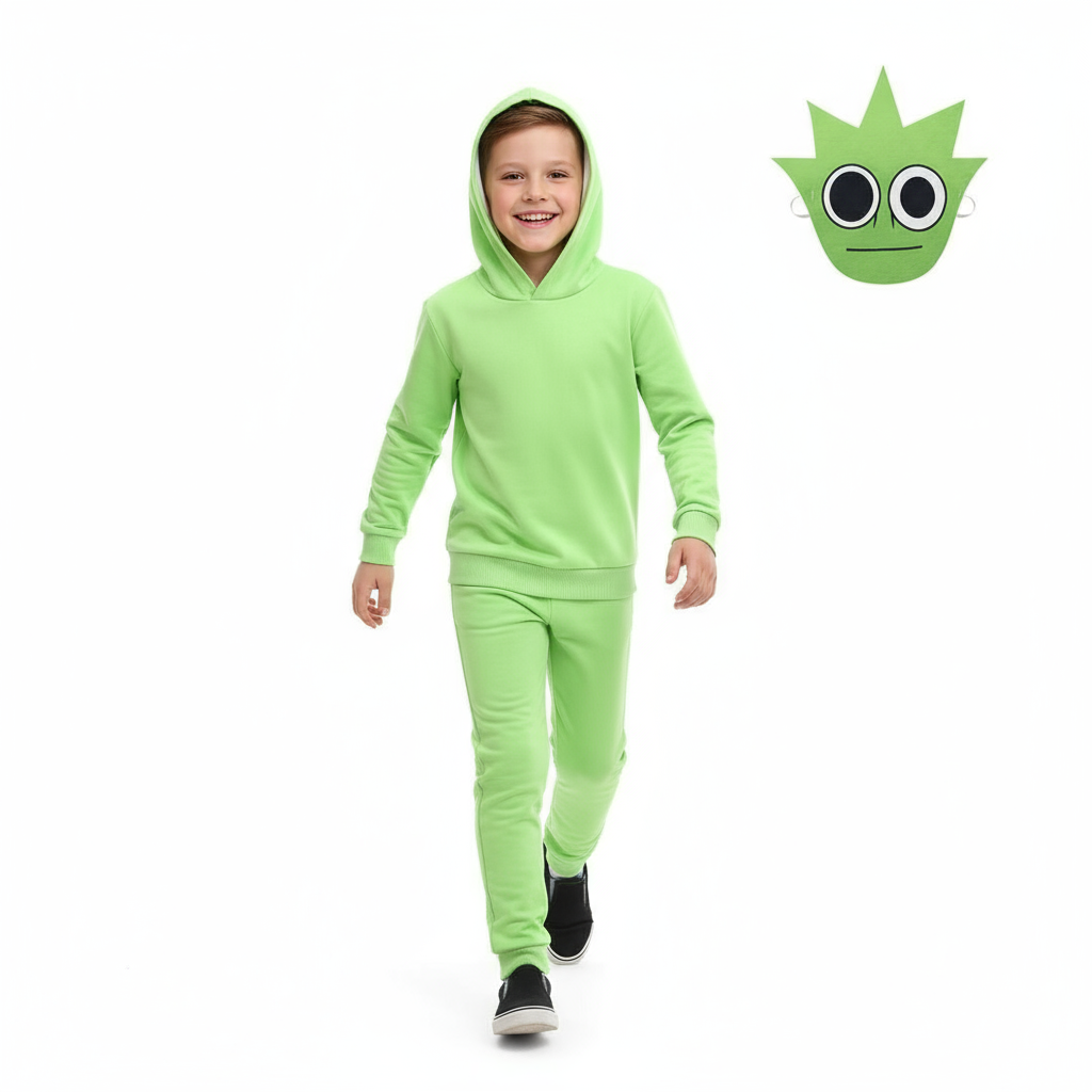 Kids Sprunki Lime OWAKCX Costume - Hoodie Pants Mask Set Lime Sprunki Cosplay