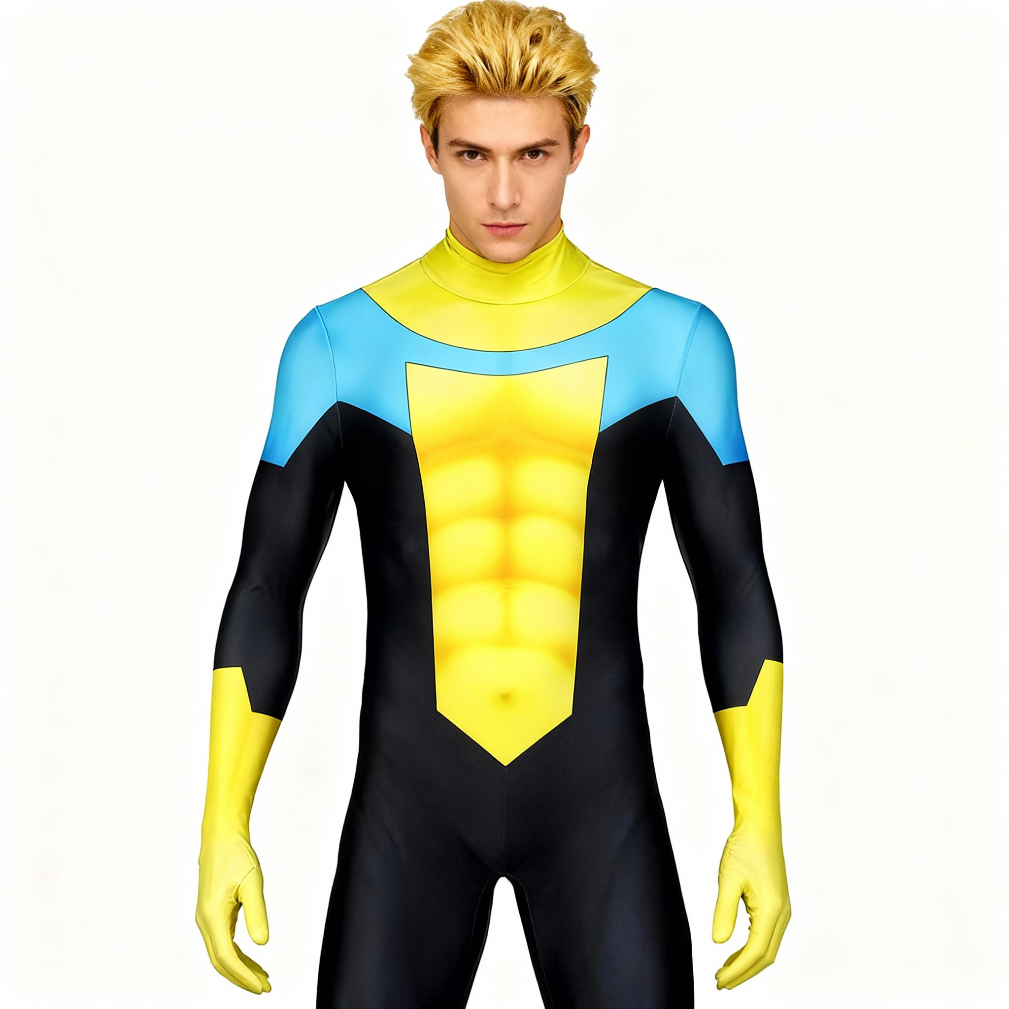 Invincible Comic Style Original Suit Costume - Yellow Black and Blue Comic Style Muscle Pattern Bodysuit Invincible Cosplay